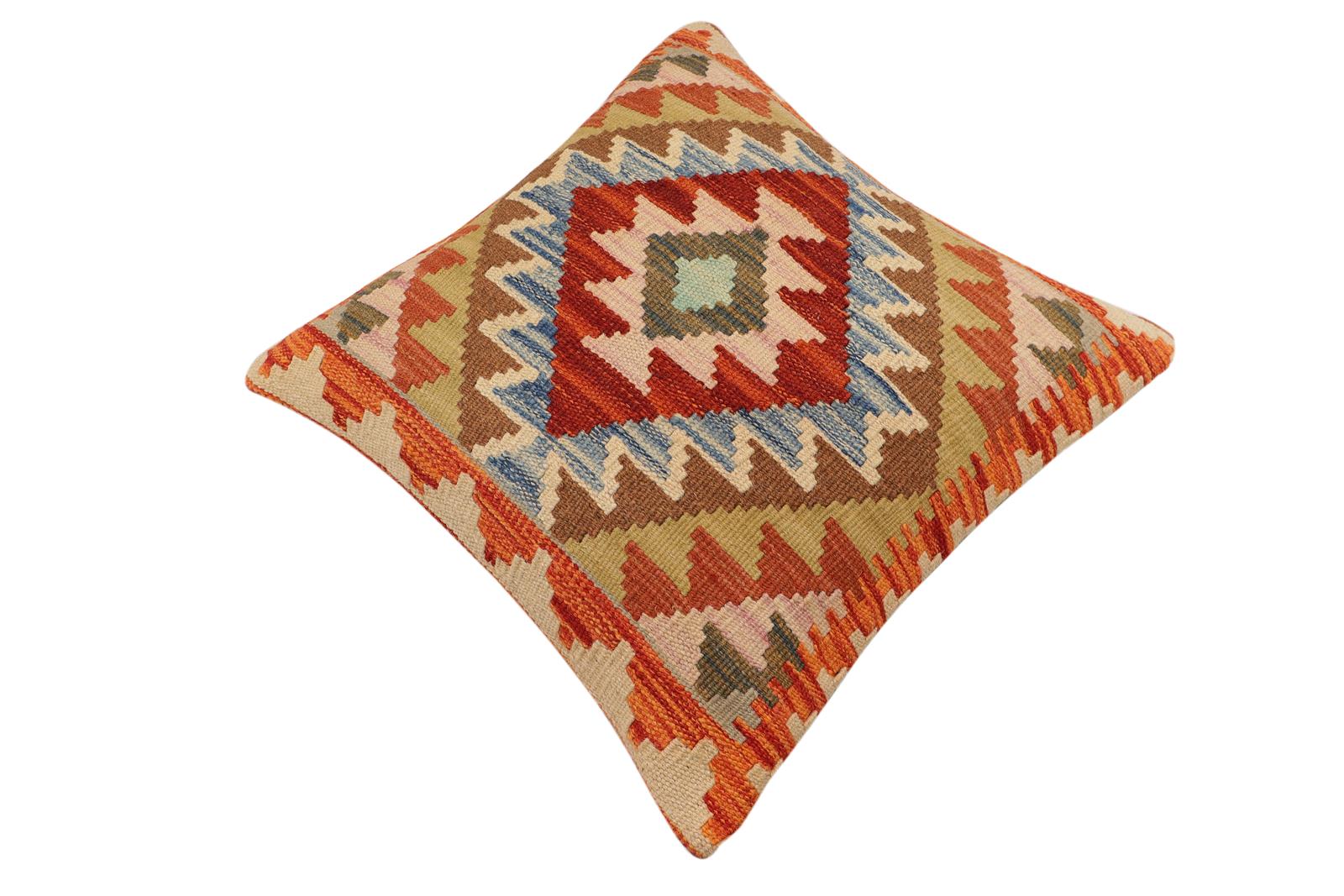 handmade Traditional Pillow Rust Blue Hand-Woven SQUARE 100% WOOL  Hand woven turkish pillow  2 x 2