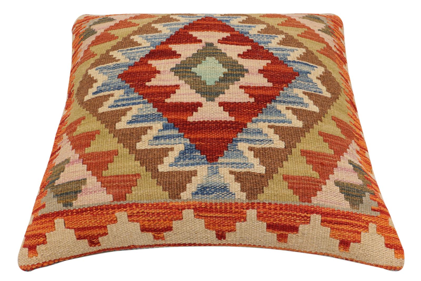 handmade Traditional Pillow Rust Blue Hand-Woven SQUARE 100% WOOL  Hand woven turkish pillow  2 x 2