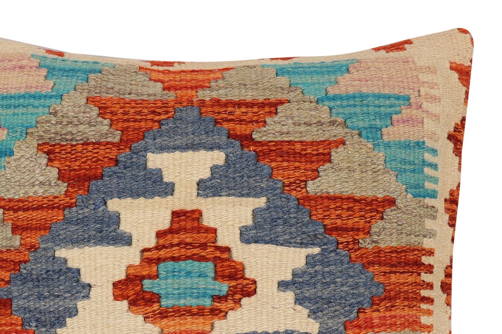 handmade Traditional Pillow Rust Blue Hand-Woven SQUARE 100% WOOL  Hand woven turkish pillow  2 x 2