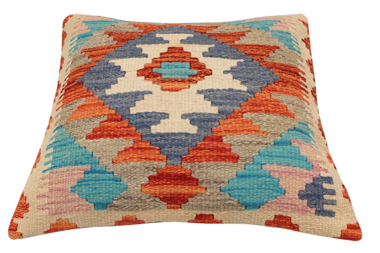 handmade Traditional Pillow Rust Blue Hand-Woven SQUARE 100% WOOL  Hand woven turkish pillow  2 x 2