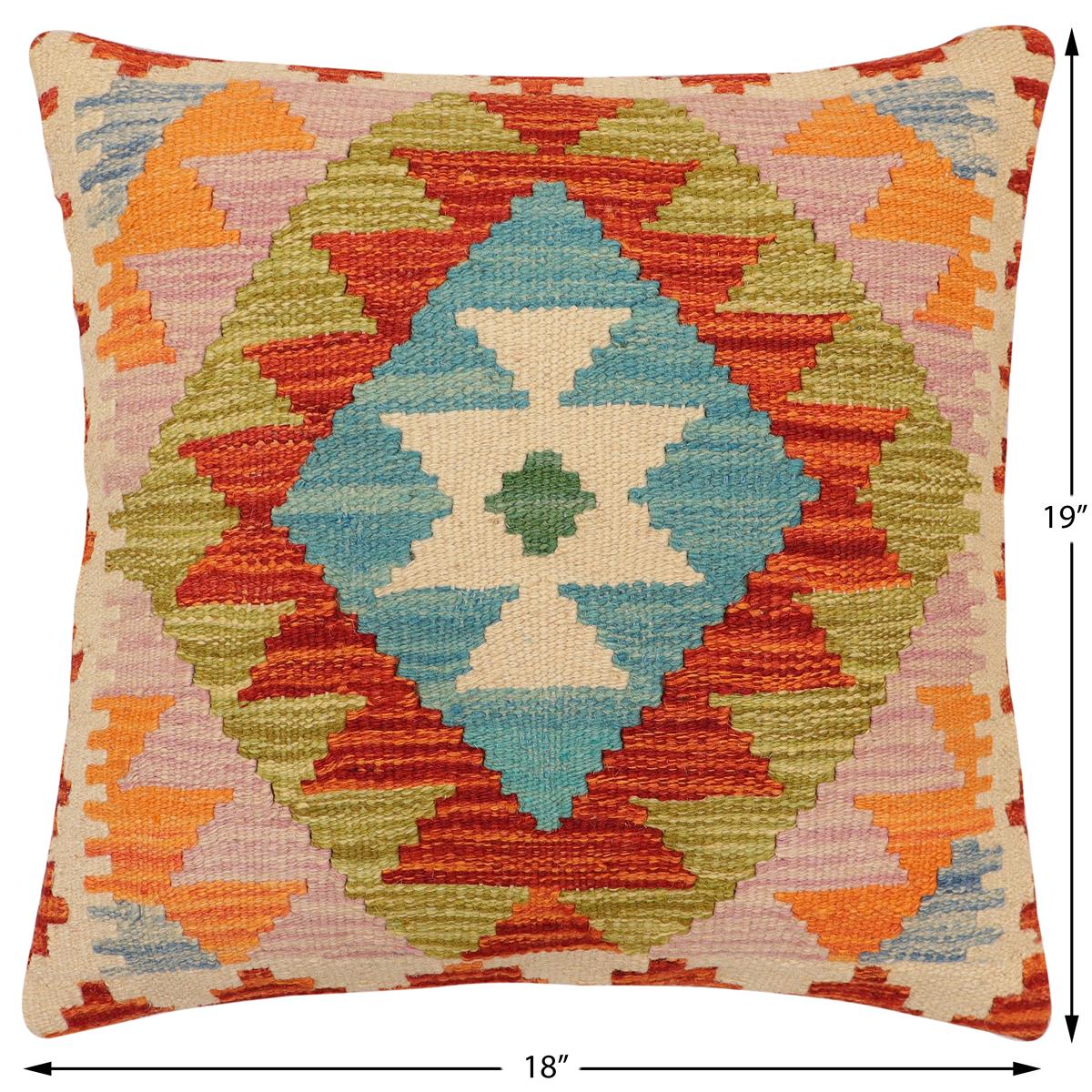 handmade Traditional Pillow Rust Blue Hand-Woven SQUARE 100% WOOL  Hand woven turkish pillow  2 x 2