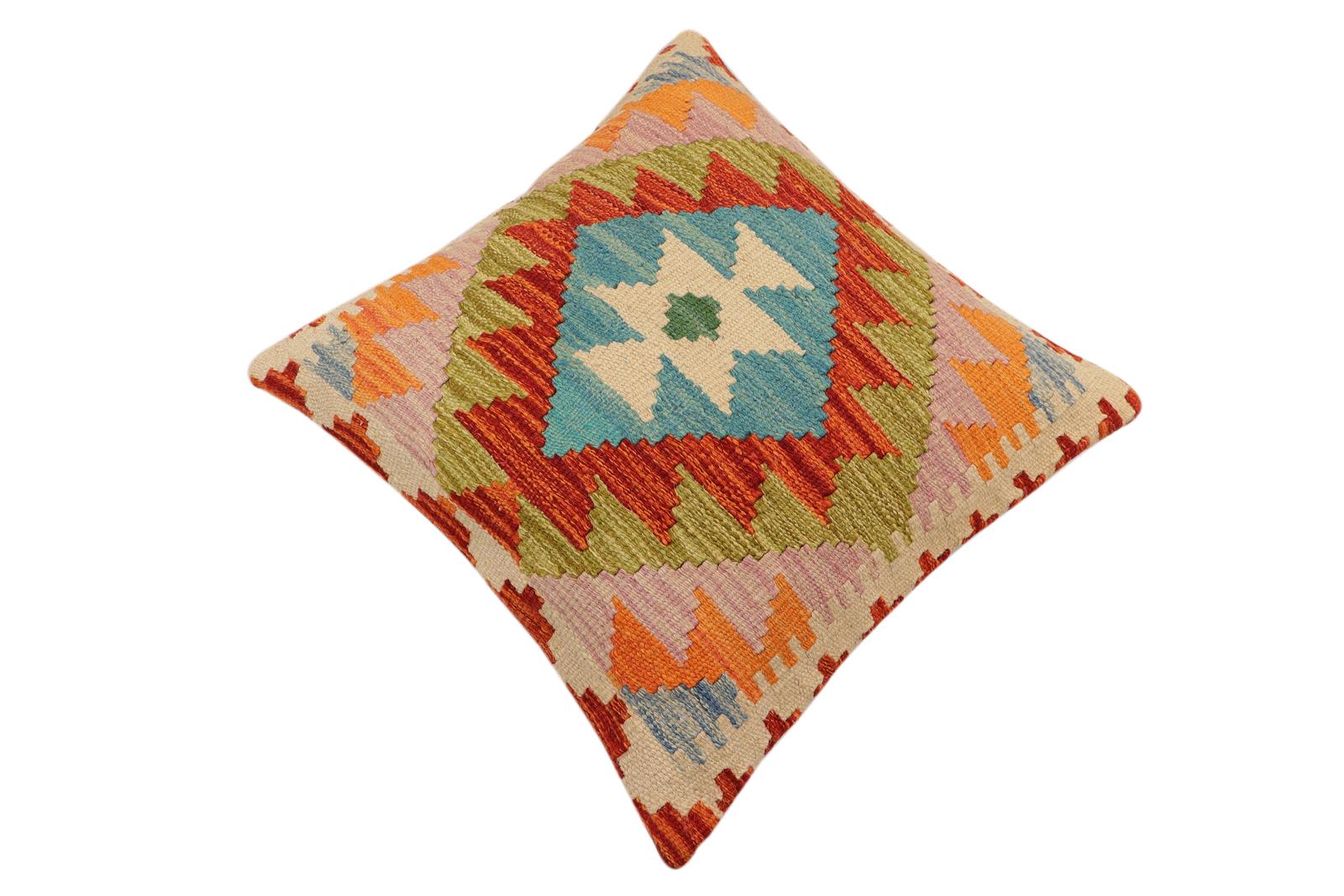 handmade Traditional Pillow Rust Blue Hand-Woven SQUARE 100% WOOL  Hand woven turkish pillow  2 x 2