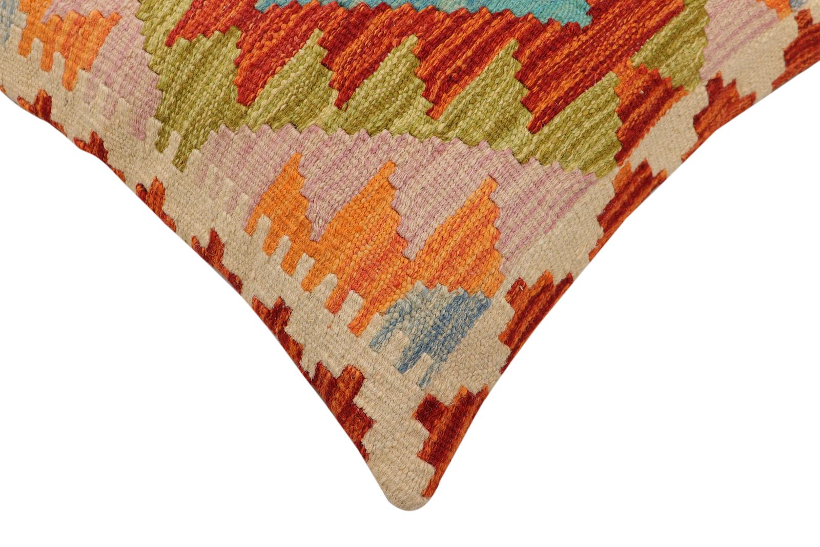 handmade Traditional Pillow Rust Blue Hand-Woven SQUARE 100% WOOL  Hand woven turkish pillow  2 x 2