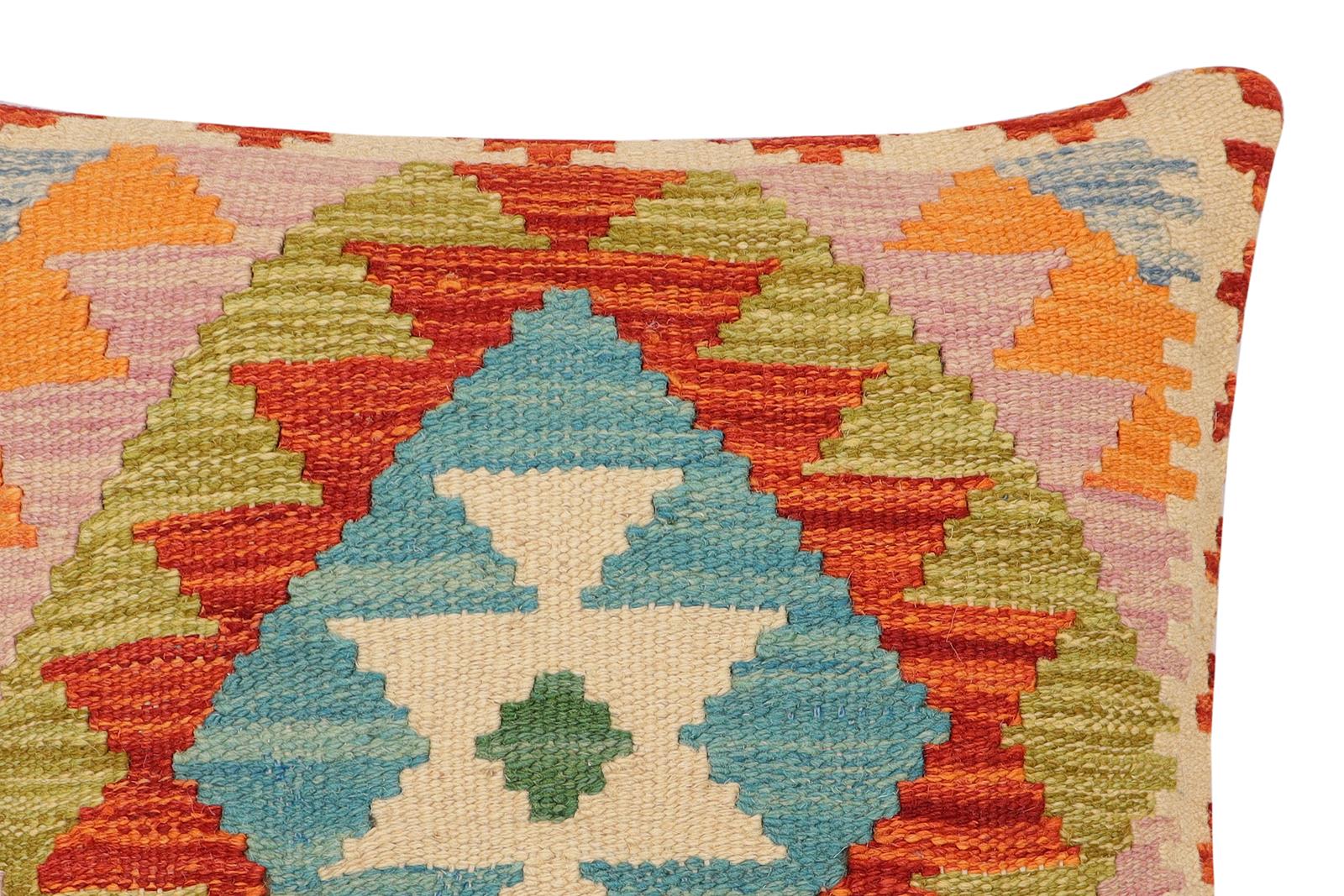 handmade Traditional Pillow Rust Blue Hand-Woven SQUARE 100% WOOL  Hand woven turkish pillow  2 x 2