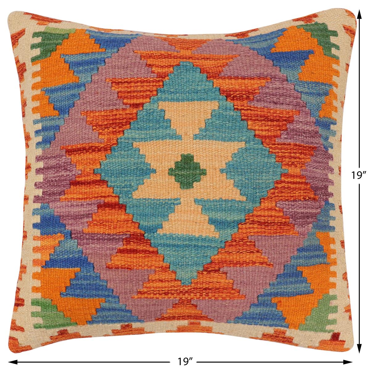 handmade Traditional Pillow Rust Blue Hand-Woven SQUARE 100% WOOL  Hand woven turkish pillow  2 x 2