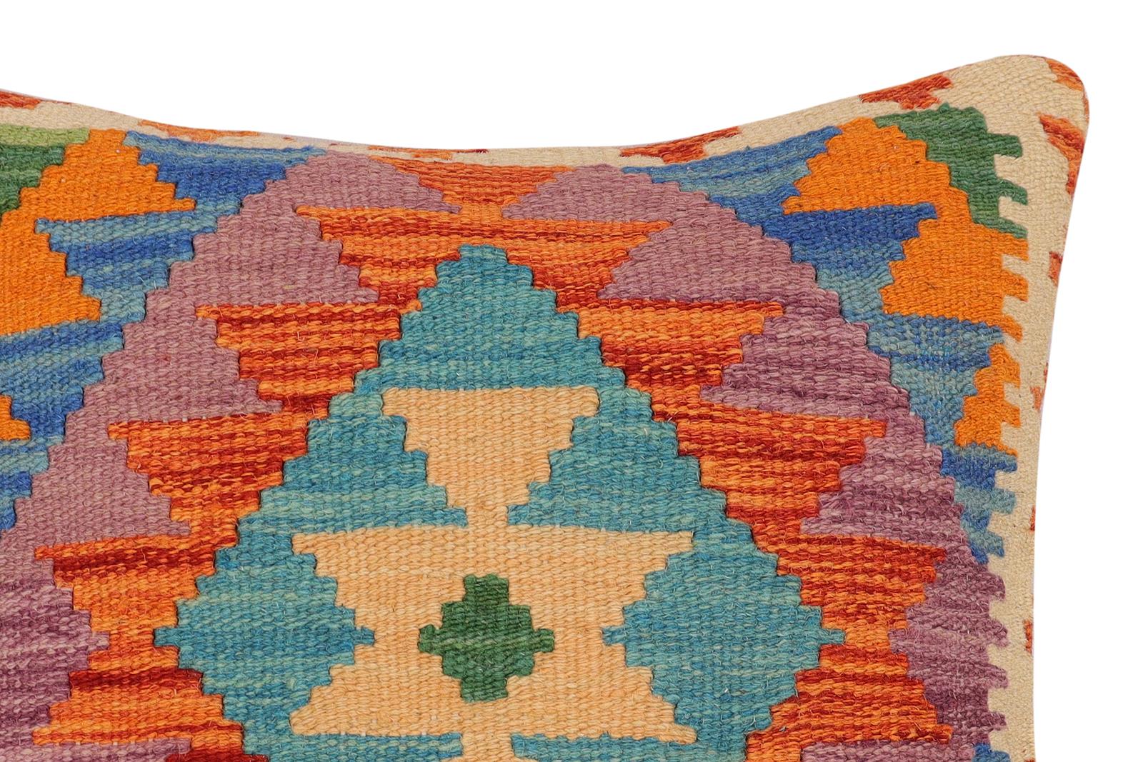 handmade Traditional Pillow Rust Blue Hand-Woven SQUARE 100% WOOL  Hand woven turkish pillow  2 x 2