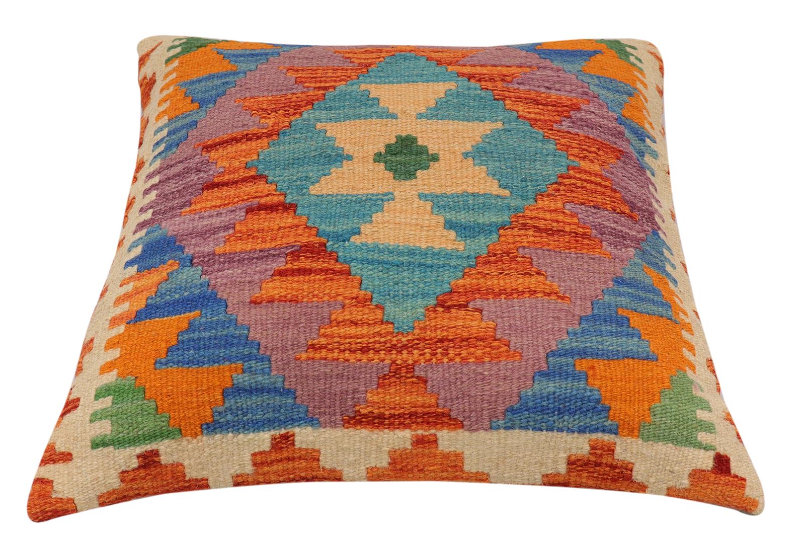 handmade Traditional Pillow Rust Blue Hand-Woven SQUARE 100% WOOL  Hand woven turkish pillow  2 x 2