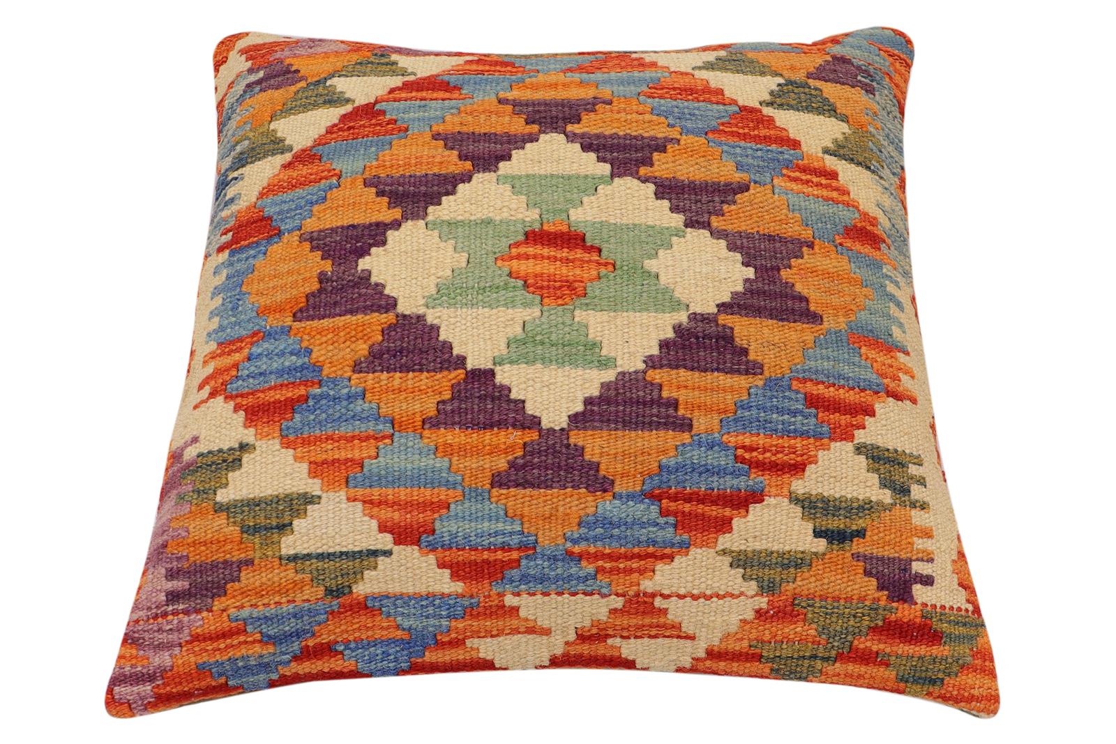 handmade Traditional Pillow Rust Blue Hand-Woven SQUARE 100% WOOL  Hand woven turkish pillow  2 x 2