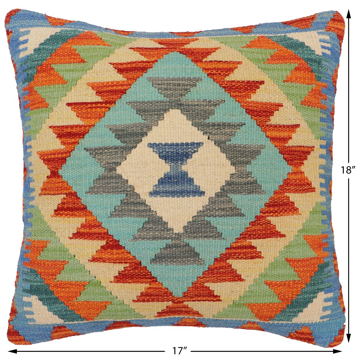 handmade Traditional Pillow Rust Blue Hand-Woven SQUARE 100% WOOL  Hand woven turkish pillow  2 x 2