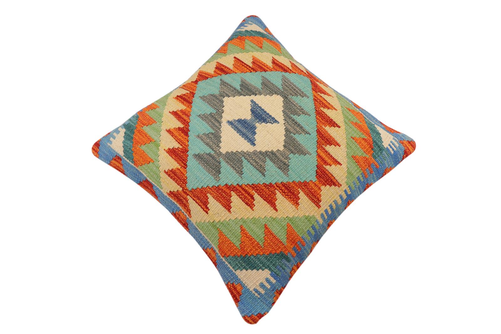 handmade Traditional Pillow Rust Blue Hand-Woven SQUARE 100% WOOL  Hand woven turkish pillow  2 x 2