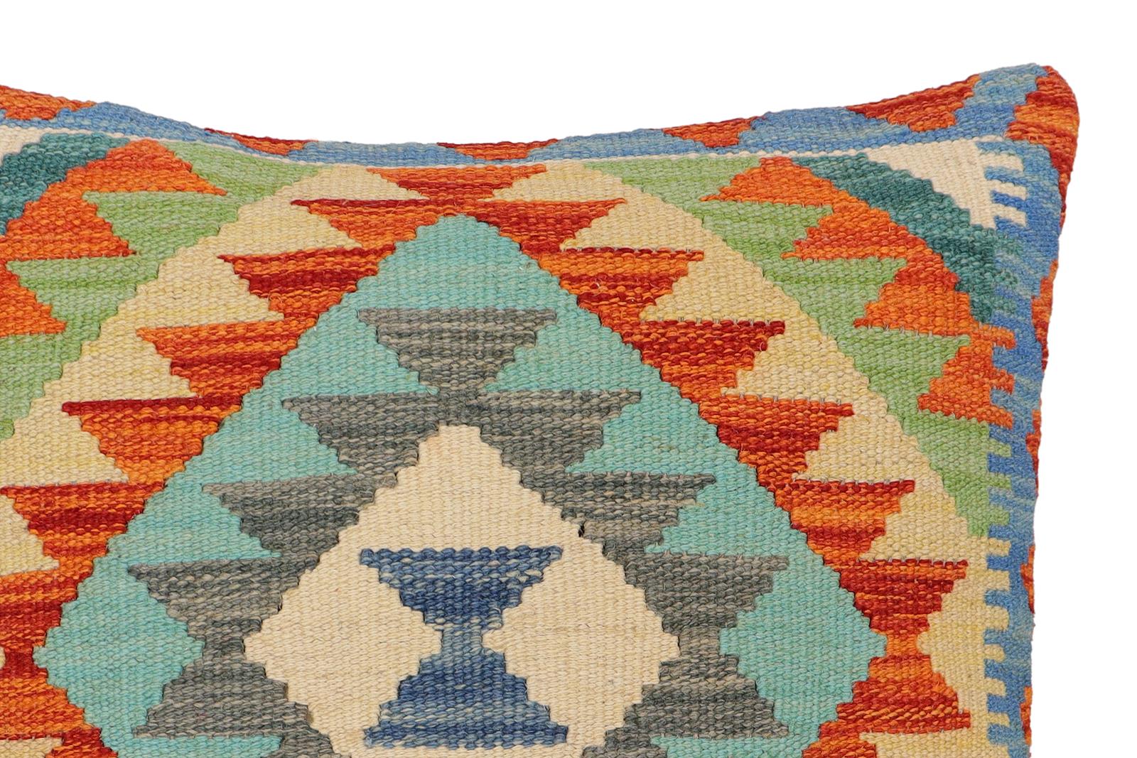 handmade Traditional Pillow Rust Blue Hand-Woven SQUARE 100% WOOL  Hand woven turkish pillow  2 x 2