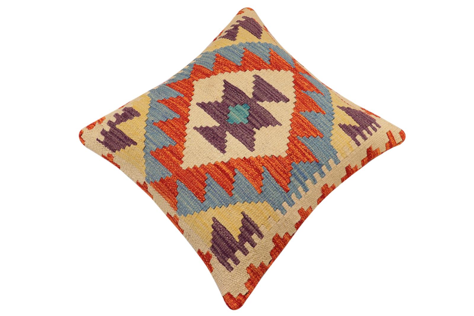 handmade Traditional Pillow Rust Blue Hand-Woven SQUARE 100% WOOL  Hand woven turkish pillow  2 x 2