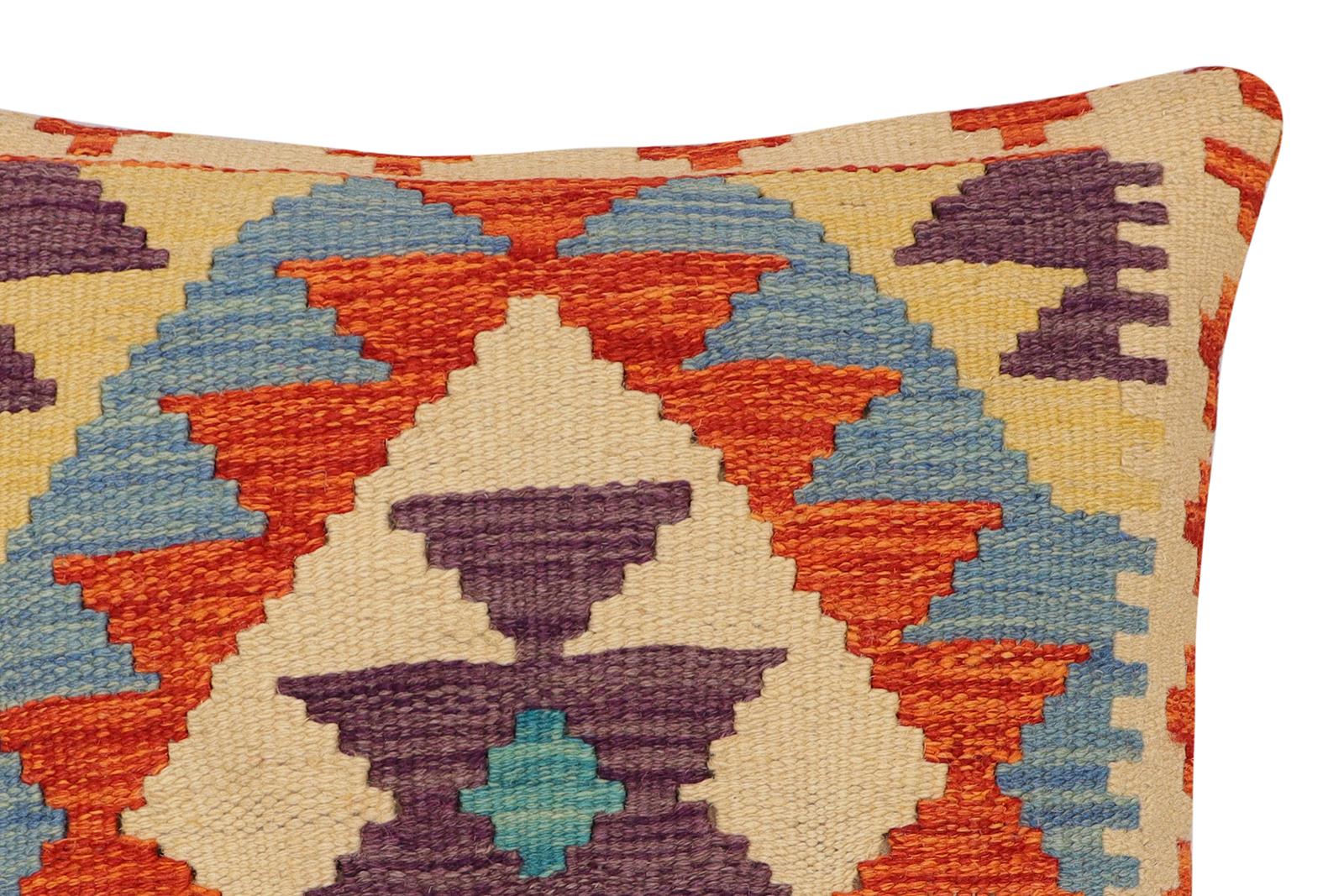 handmade Traditional Pillow Rust Blue Hand-Woven SQUARE 100% WOOL  Hand woven turkish pillow  2 x 2