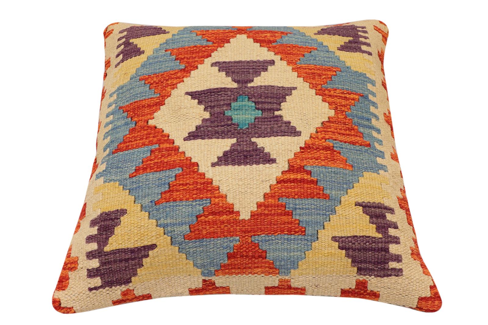 handmade Traditional Pillow Rust Blue Hand-Woven SQUARE 100% WOOL  Hand woven turkish pillow  2 x 2